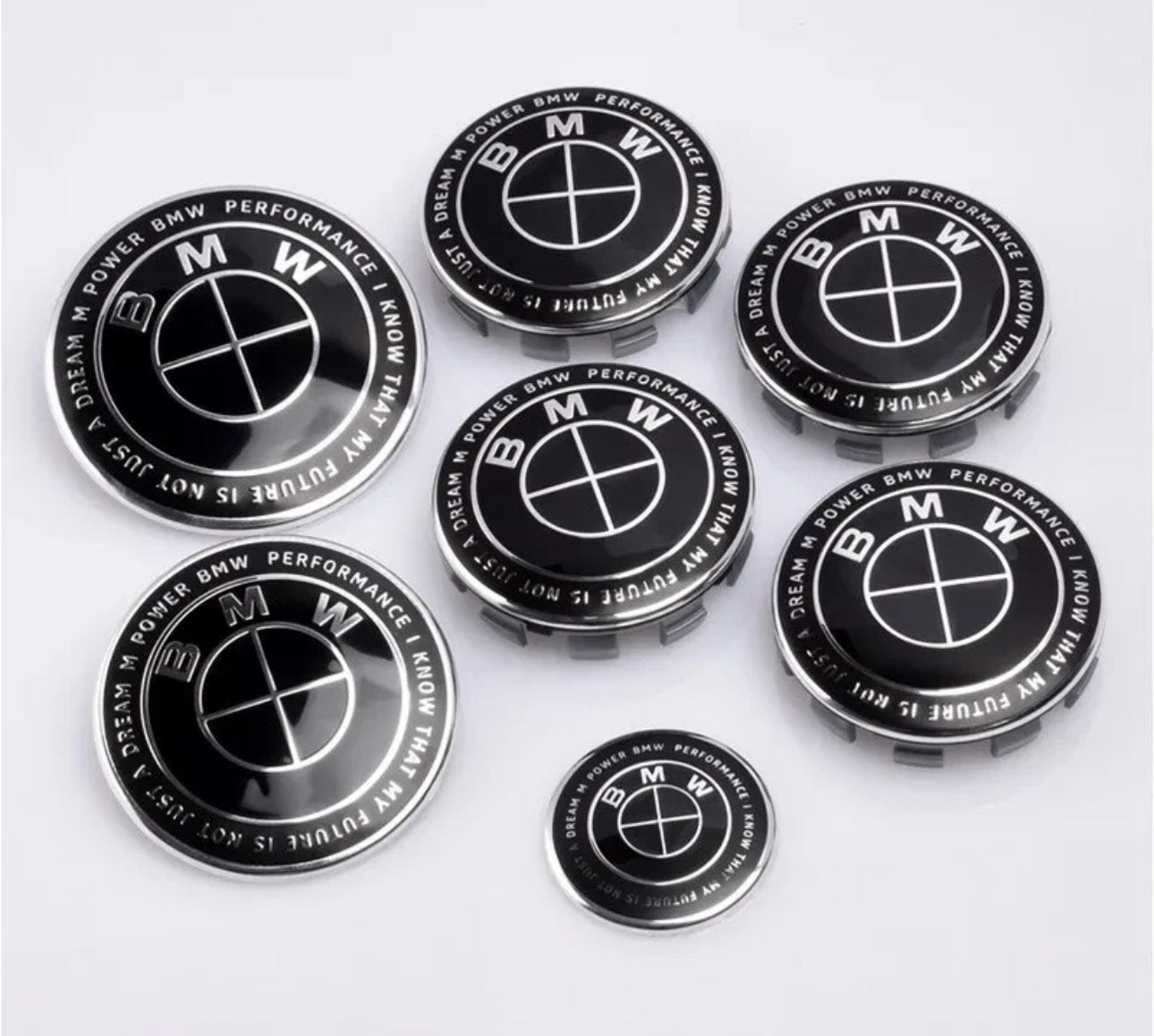 7-Piece BMW 50th Anniversary M Performance Style Emblem Set 5x120 Hub Caps 68MM for Trunk Hood Wheels & Steering Caps Vehicle Exterior Decoration Stylish Car Merch