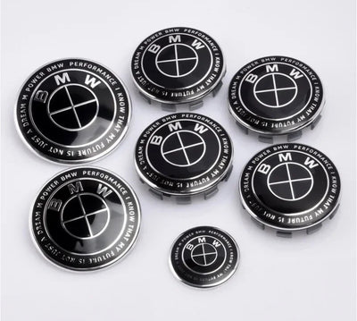 7-Piece BMW 50th Anniversary M Performance Style Emblem Set 5x120 Hub Caps 68MM for Trunk Hood Wheels & Steering Caps Vehicle Exterior Decoration Stylish Car Merch