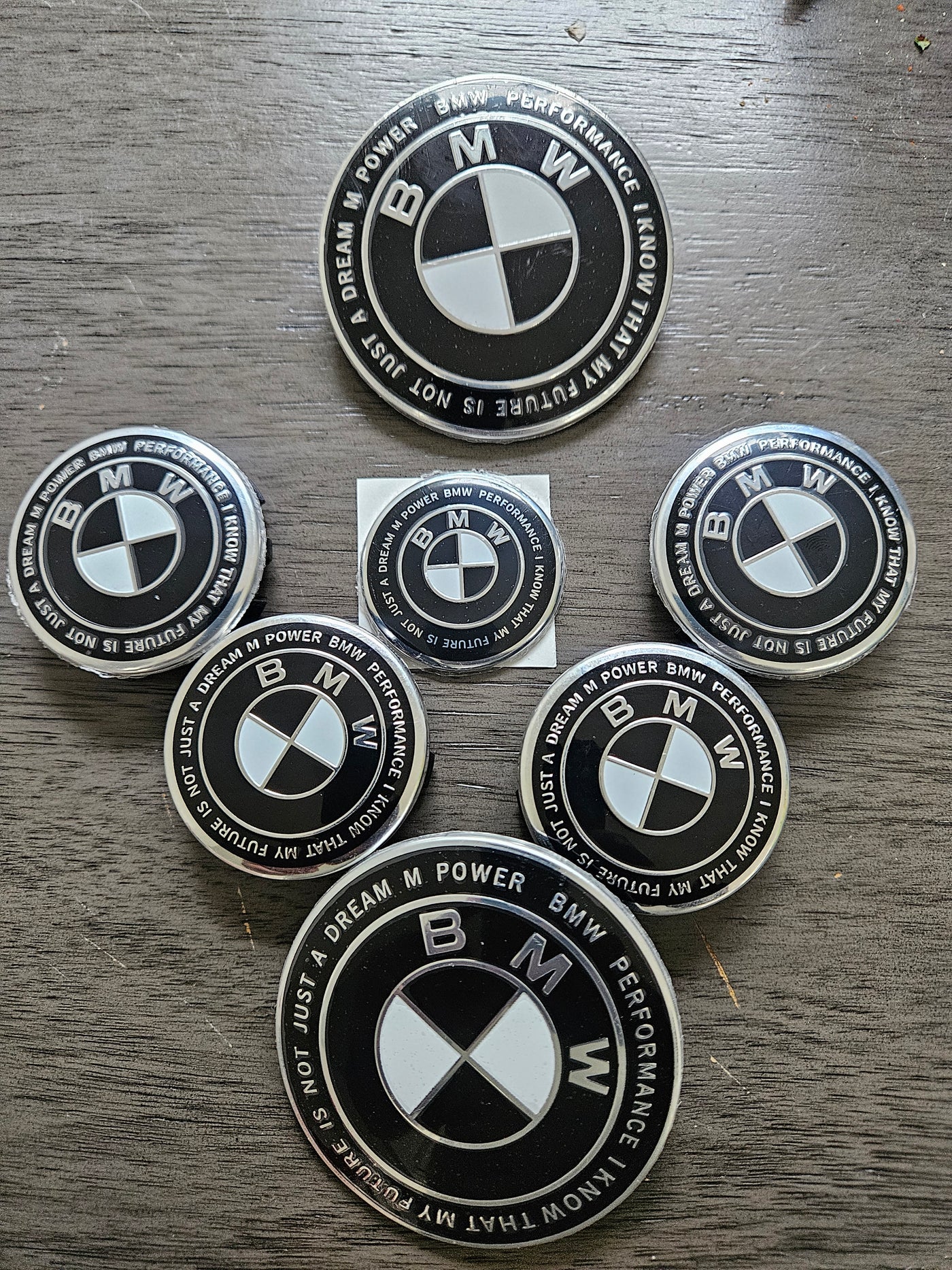 (7) Black 56mm Bmw style center caps 5x112 Trunk / Hood 82MM & Wheels