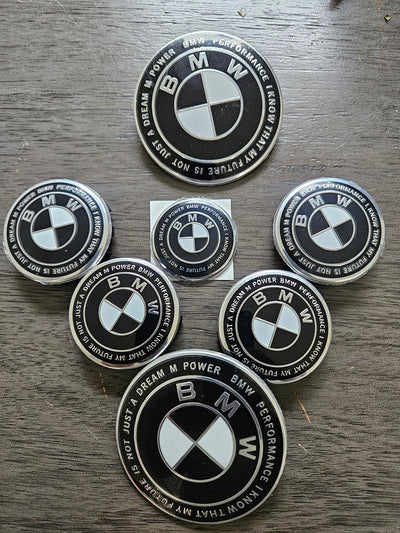 (7) Black 56mm Bmw style center caps 5x112 Trunk / Hood 82MM & Wheels