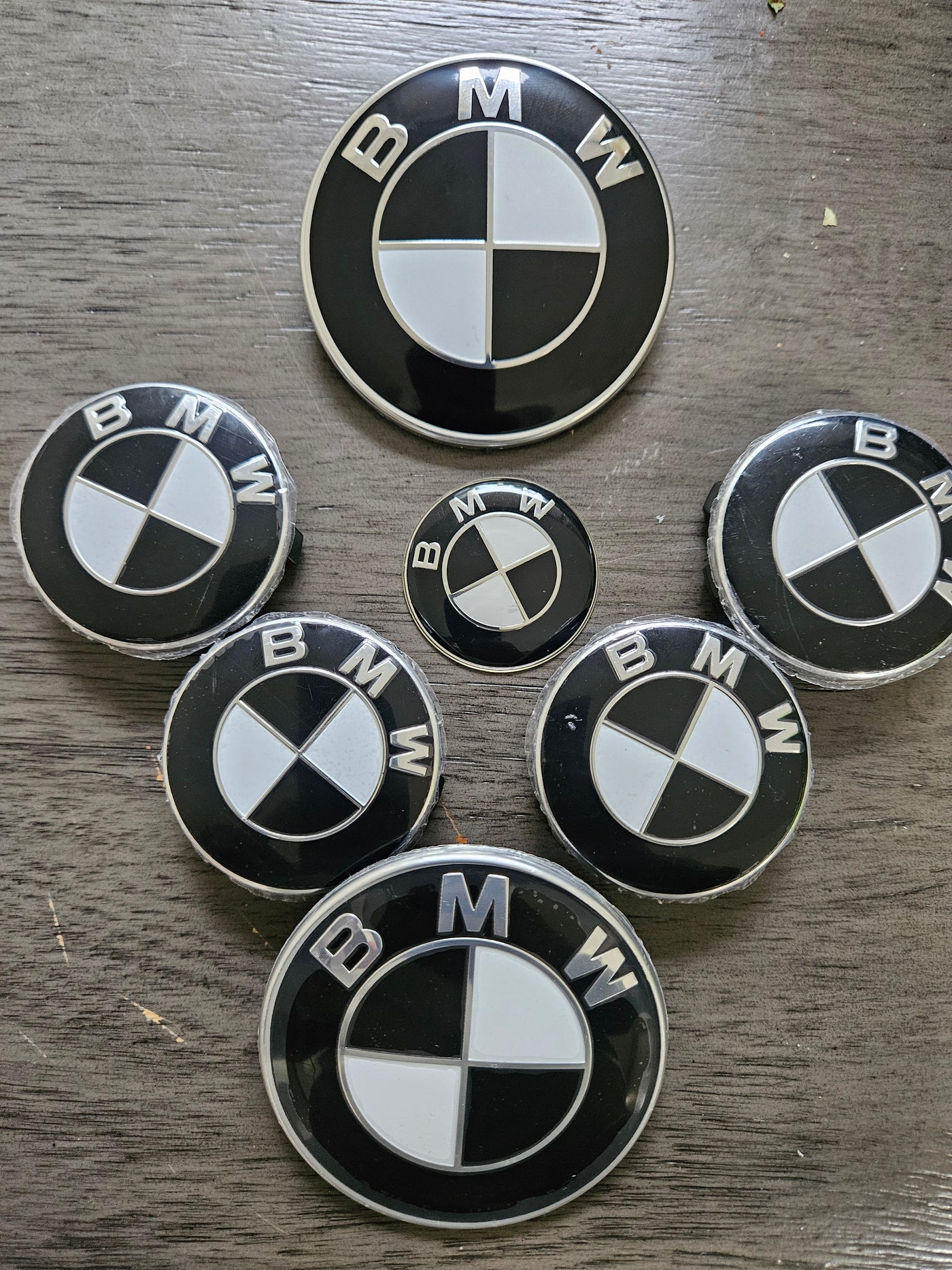 (7) Black 56mm Bmw style center caps 5x112 Trunk / Hood 82MM & Wheels