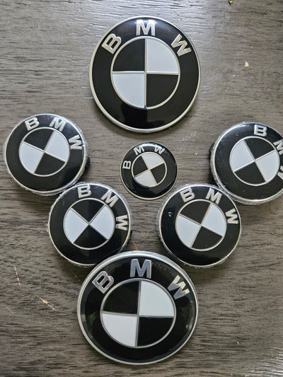 (7) Black 56mm Bmw style center caps 5x112 Trunk / Hood 82MM & Wheels