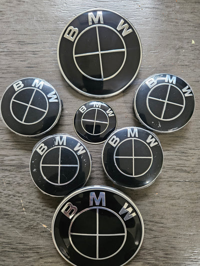 (7) Black 56mm Bmw style center caps 5x112 Trunk / Hood 82MM & Wheels