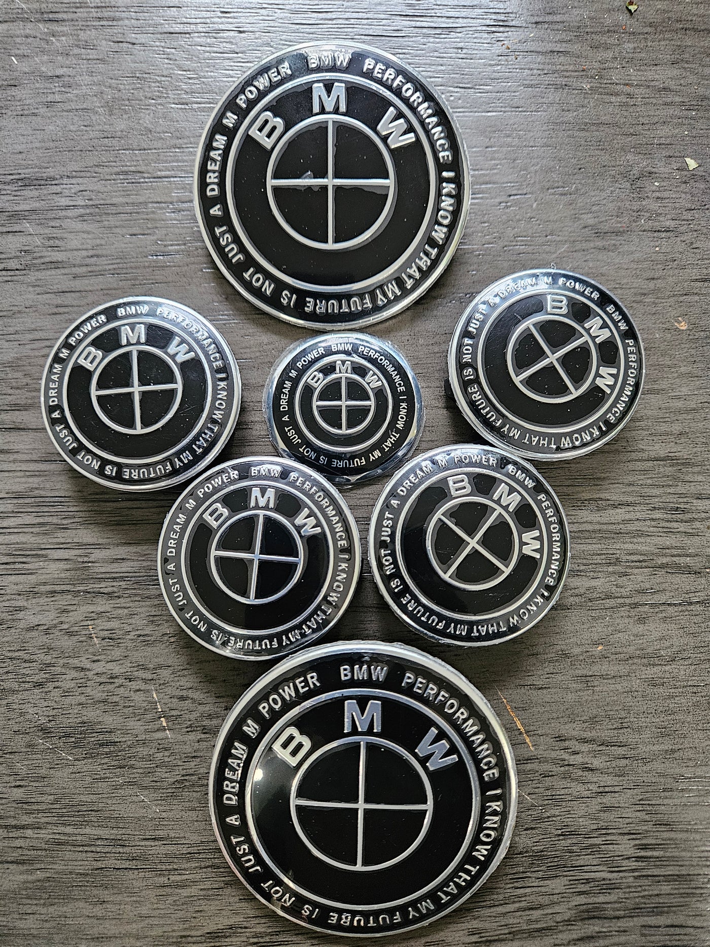(7) Black 56mm Bmw style center caps 5x112 Trunk / Hood 82MM & Wheels