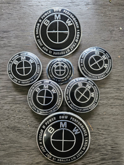 (7) Black 56mm Bmw style center caps 5x112 Trunk / Hood 82MM & Wheels