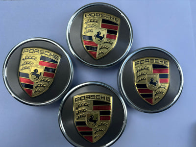 Porsche Black with Gold crest center wheels caps 76mm taycan 911 cayman panamera cayenne