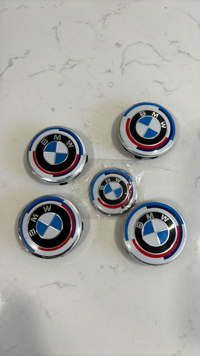 5 piece 5x120 68mm BMW Alloy Wheel Center Hub Caps Set of 4 with Steering Wheel Badge for E81/E87/E88/F20/F21/F22/F87/F23/E90/E91/E92/E93/F30/F31/F80/F10/F11/F25/E70/F15/F16 Models