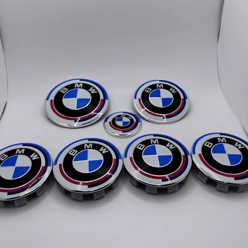 (7) Black & White 68mm Bmw style center caps 5x120 emblem badge Trunk / Hood & Wheels 50th anniversary