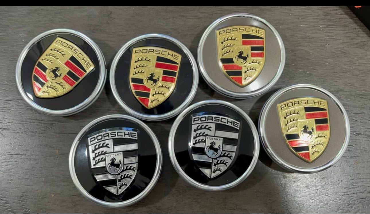 Porsche Black with Gold crest center wheels caps 76mm taycan 911 cayman panamera cayenne