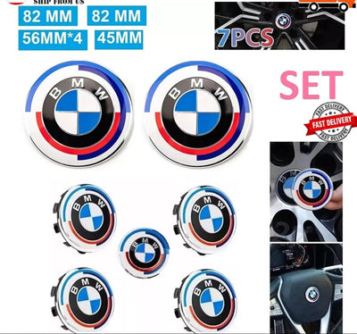 7-Piece BMW 50th Anniversary M Performance Style Emblem Set 5x120 Hub Caps 68MM for Trunk Hood Wheels & Steering Caps Vehicle Exterior Decoration Stylish Car Merch