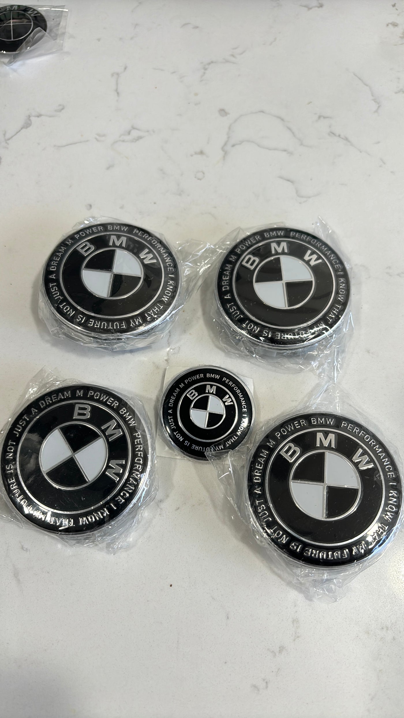 5 piece 5x120 68mm BMW Alloy Wheel Center Hub Caps Set of 4 with Steering Wheel Badge for E81/E87/E88/F20/F21/F22/F87/F23/E90/E91/E92/E93/F30/F31/F80/F10/F11/F25/E70/F15/F16 Models