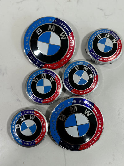 7-Piece BMW 50th Anniversary M Performance Style Emblem Set 5x120 Hub Caps 68MM for Trunk Hood Wheels & Steering Caps Vehicle Exterior Decoration Stylish Car Merch