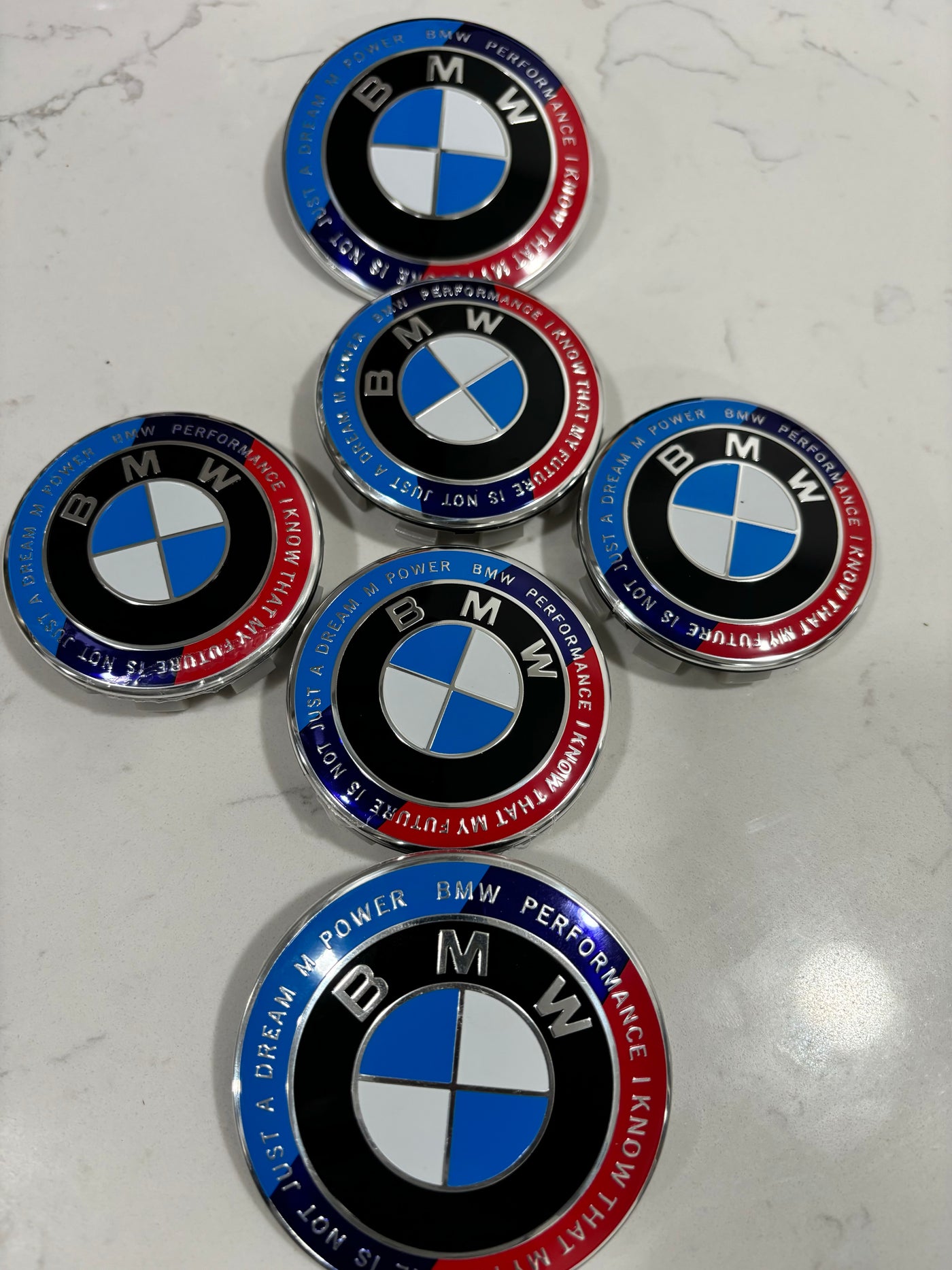 7-Piece BMW 50th Anniversary M Performance Style Emblem Set 5x120 Hub Caps 68MM for Trunk Hood Wheels & Steering Caps Vehicle Exterior Decoration Stylish Car Merch