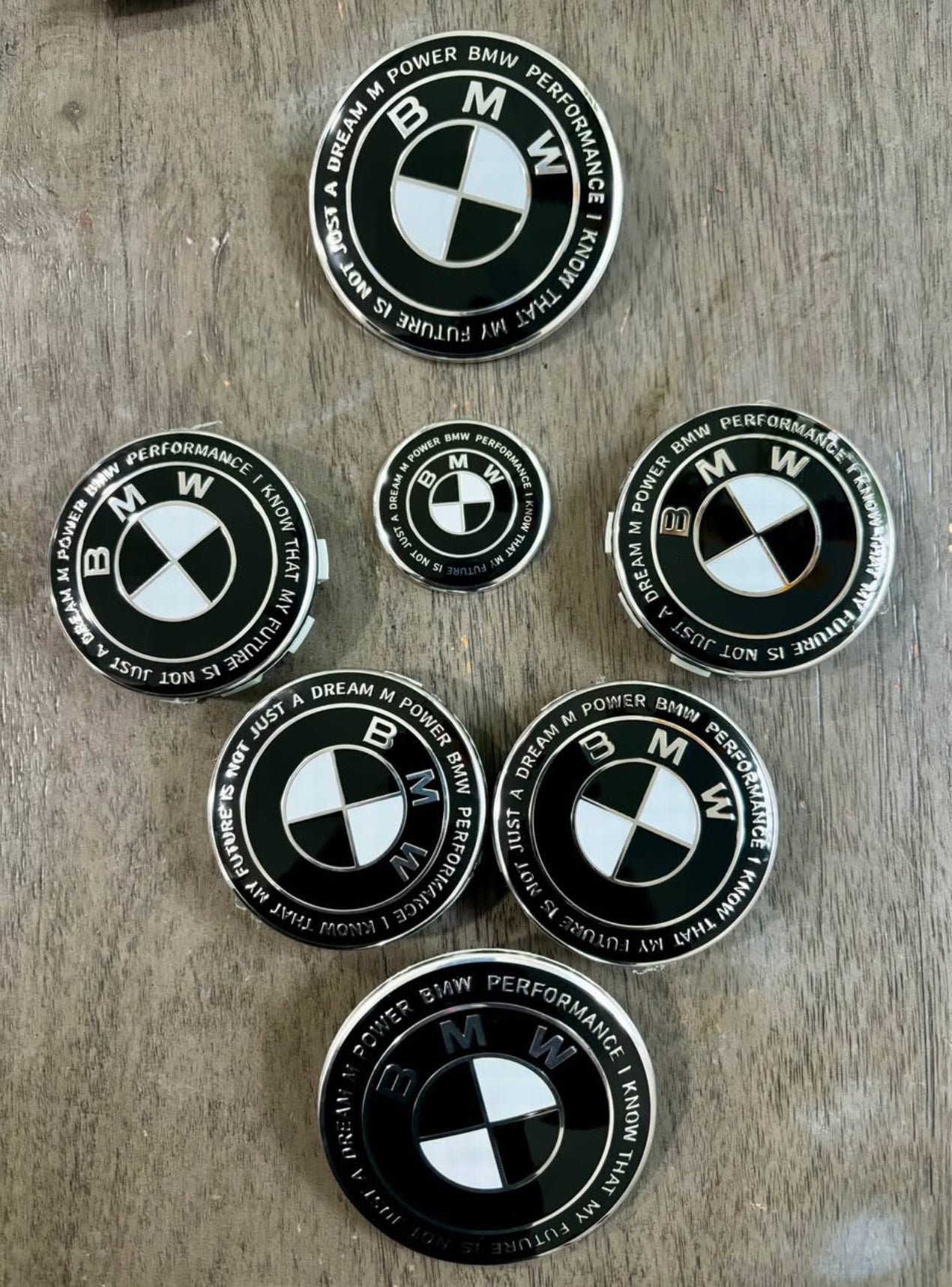 7-Piece BMW 50th Anniversary M Performance Style Emblem Set 5x120 Hub Caps 68MM for Trunk Hood Wheels & Steering Caps Vehicle Exterior Decoration Stylish Car Merch