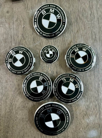 7-Piece BMW 50th Anniversary M Performance Style Emblem Set 5x120 Hub Caps 68MM for Trunk Hood Wheels & Steering Caps Vehicle Exterior Decoration Stylish Car Merch