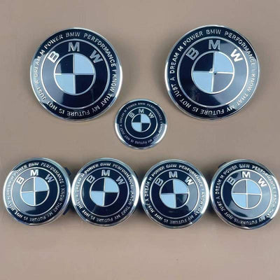 (7) Black & White 68mm Bmw style center caps 5x120 emblem badge Trunk / Hood & Wheels 50th anniversary